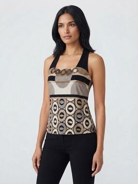 Nueva Y2K Earth Tone Geometric Circle Halter Top Size Small Wooden Embellished